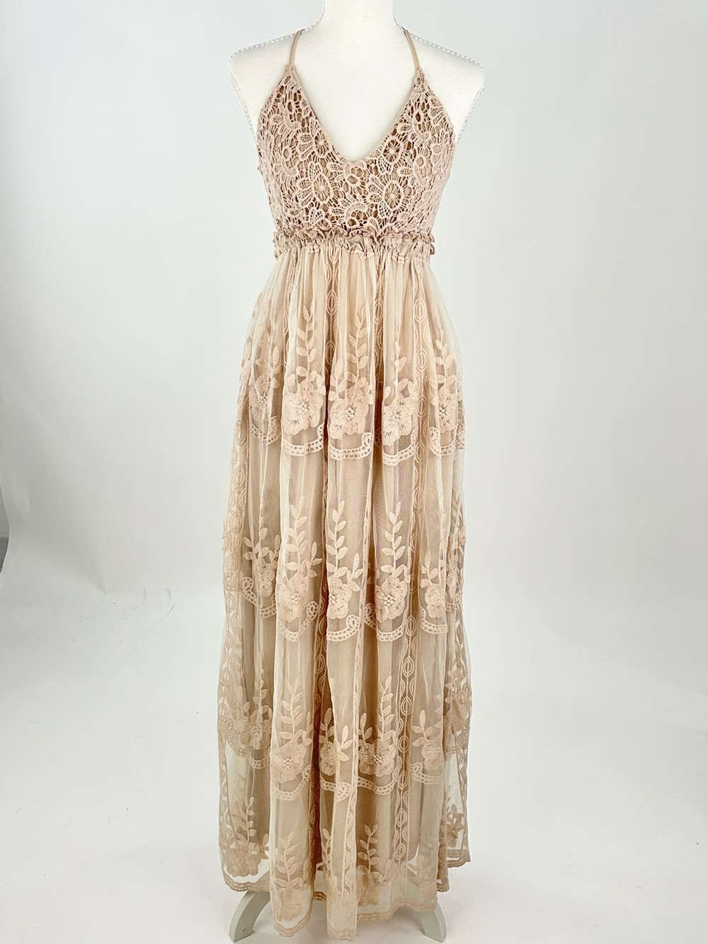 Petal + Pup XS Embroidered Lace Crochet Open Back Boho Maxi Dress Nude